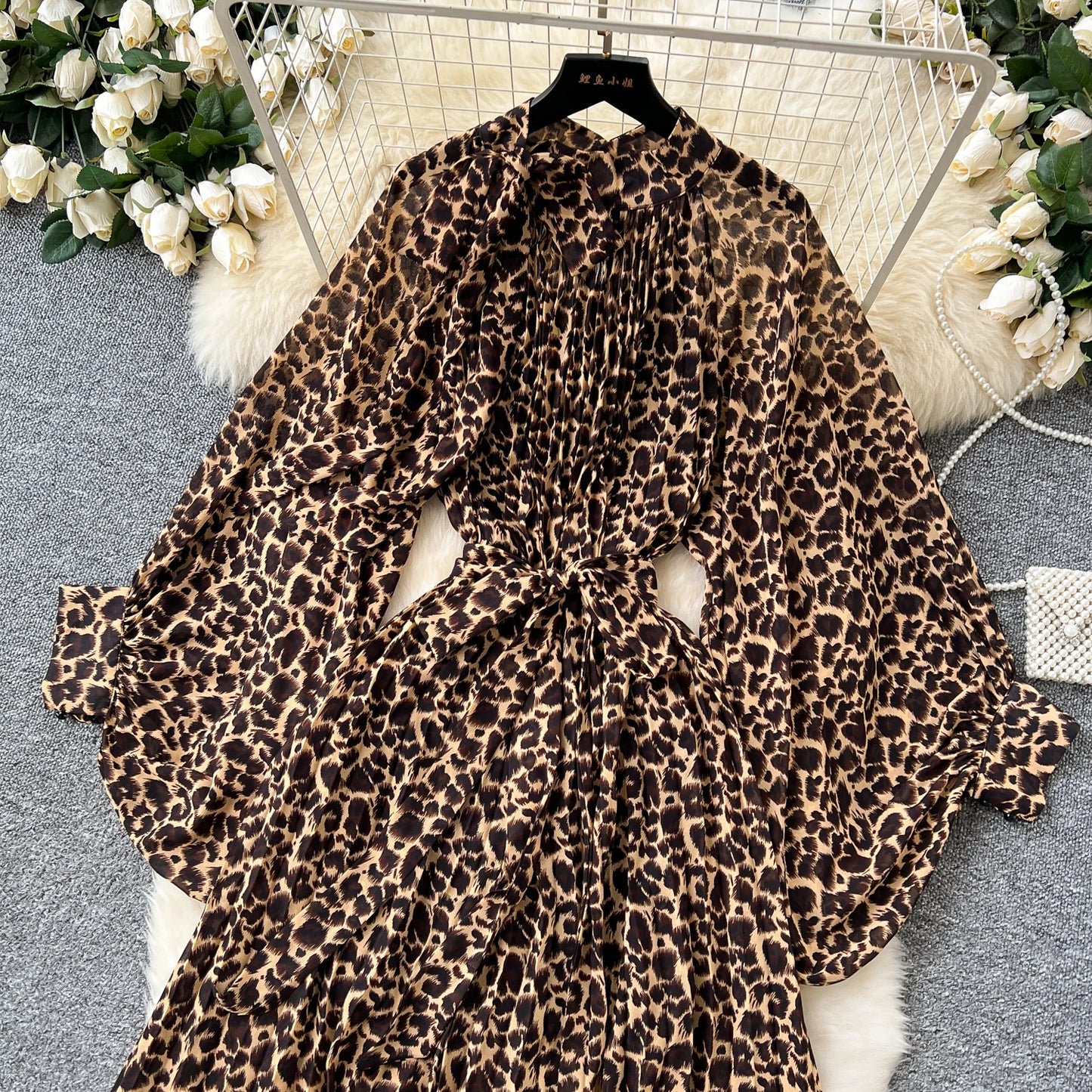 Women Elegant Long Flare Sleeves Vintage Bow neck Bow Loose Midi Dress