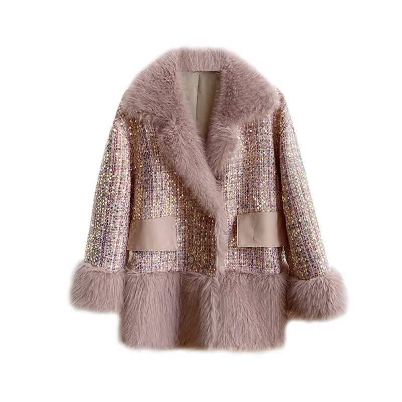 Glitter Coarse Wool Blended Fur Coat Long Sleeve Loose Coat
