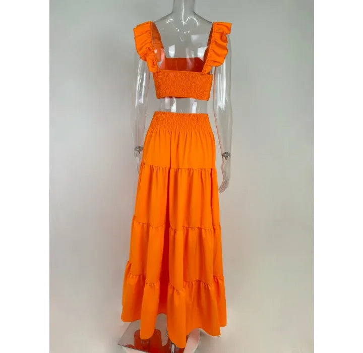 Y2k Two Piece Set Elegant Sexy Collage Sleeveless Top and Maxi Skirt Set