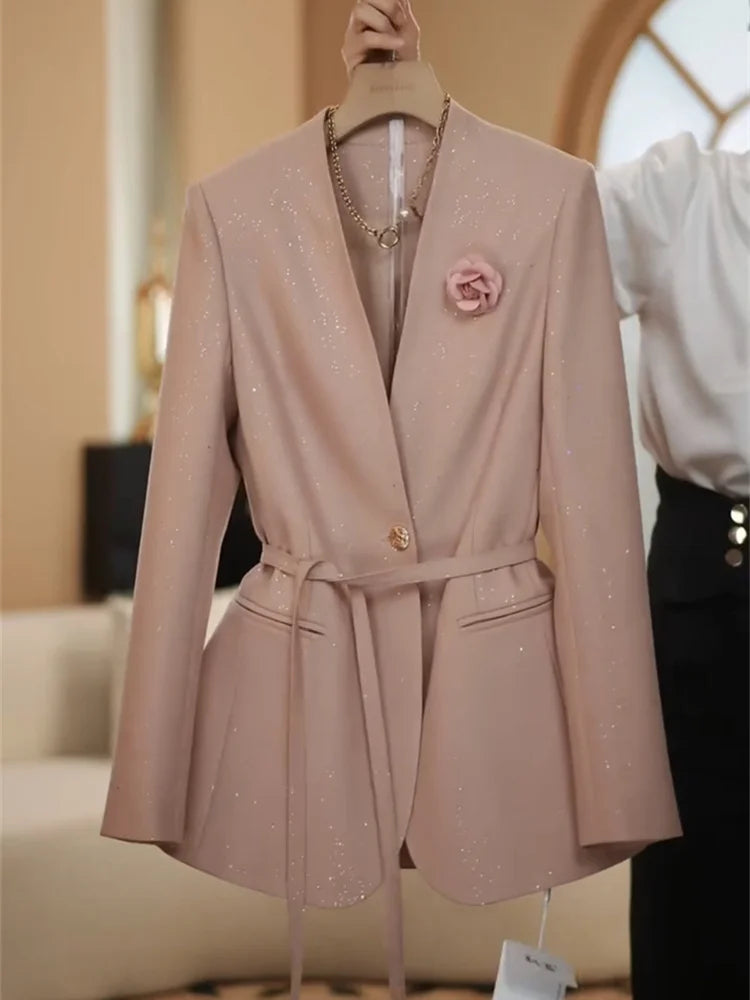 professional sequined suit wide leg pant suit women pants + blazer