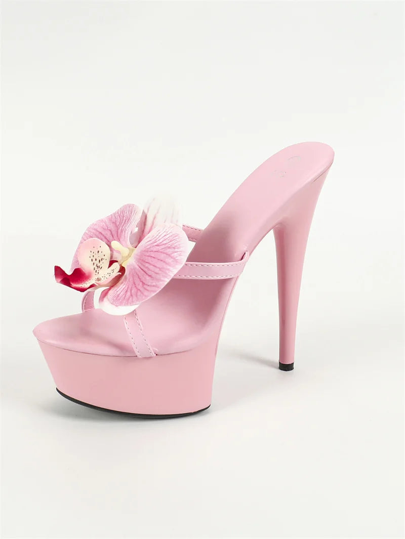 Sexy Pink High Heels For Woman Flowers Open Toe Party Stripper Shoes Platform Sandals