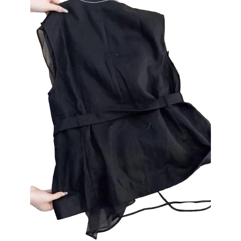 Black Blouse Sleeveless Vest Tops for Women Mesh Patchwork Shirt