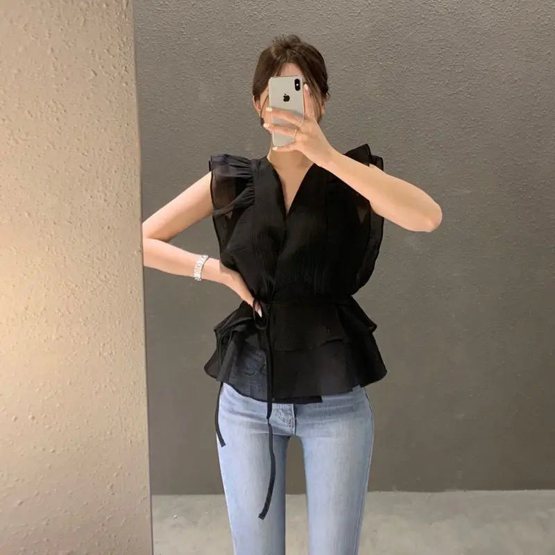 Lace Up Top Ruffled V-neck Sleeveless Shirts Blouse for Women