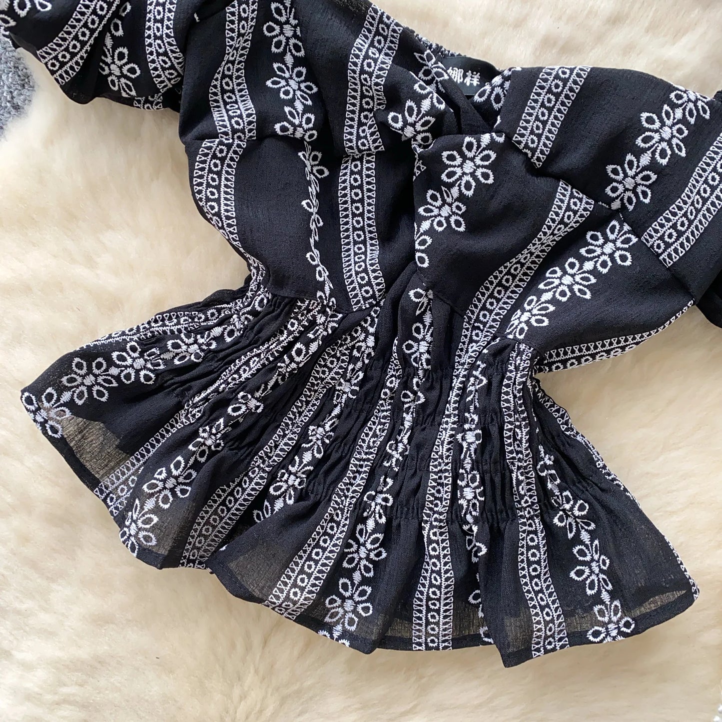 Jacquard Blouse Square Collar Puff Sleeves Elastic Slim Crop
