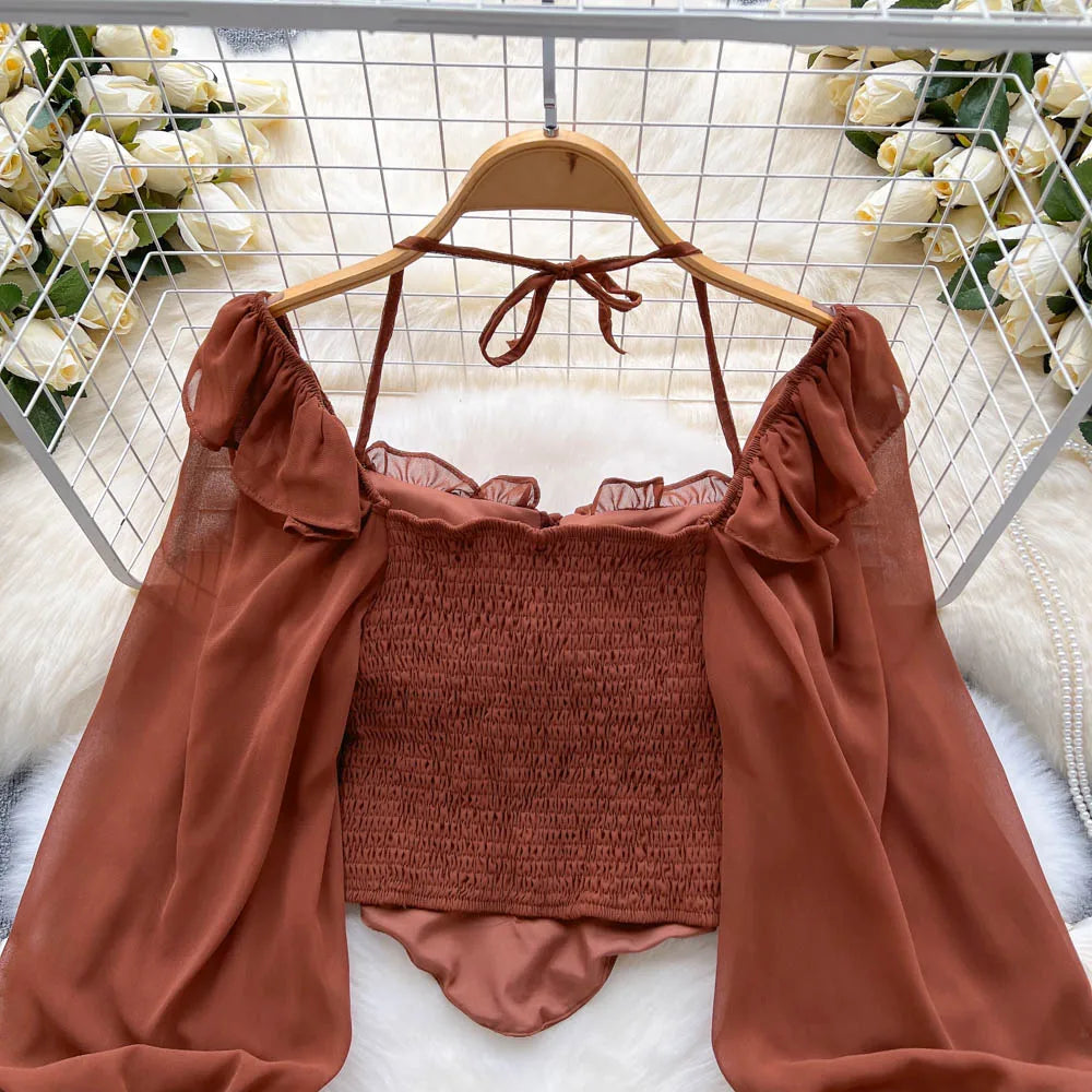Flare Sleeve Women Top Ruffle Solid Elastic Waist Halter Backless Chiffon Blouse