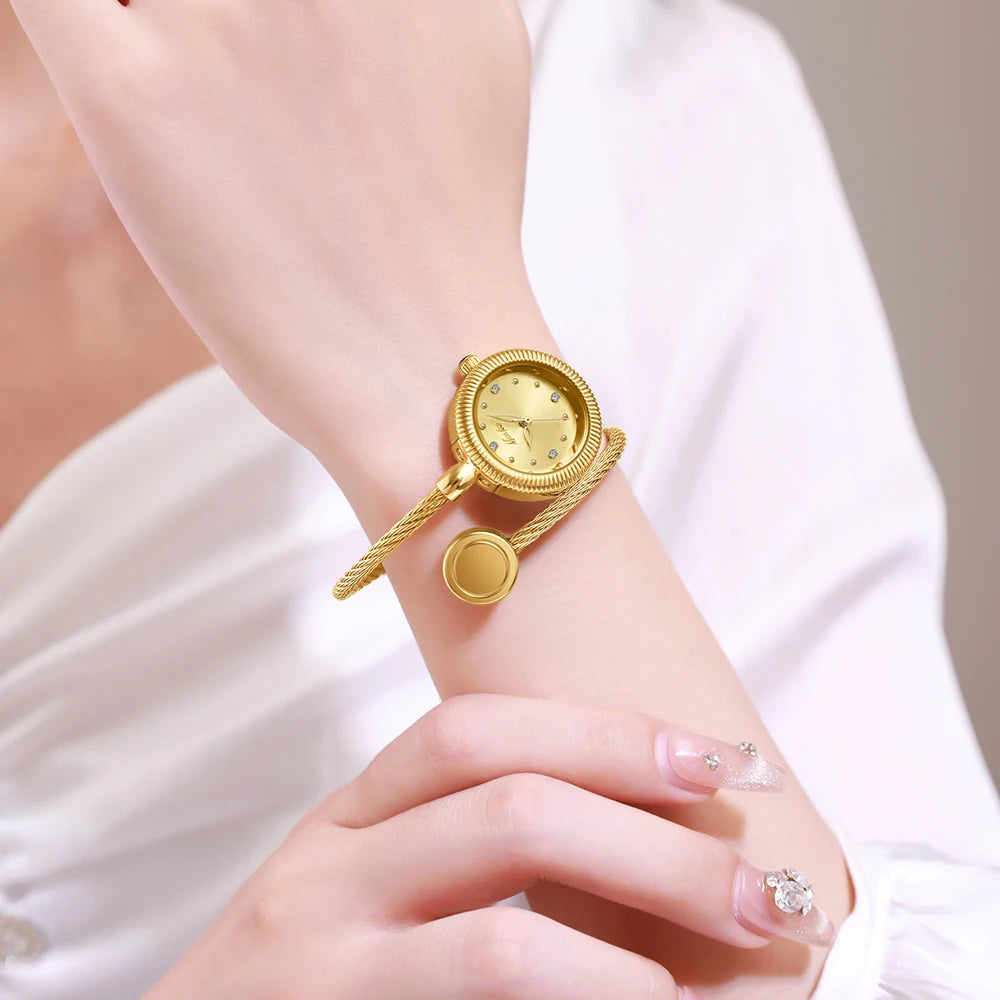Mini Gold Watches For Women Causal Fashion Open Band Small Watch Power By Battery Ladies Wristwatches