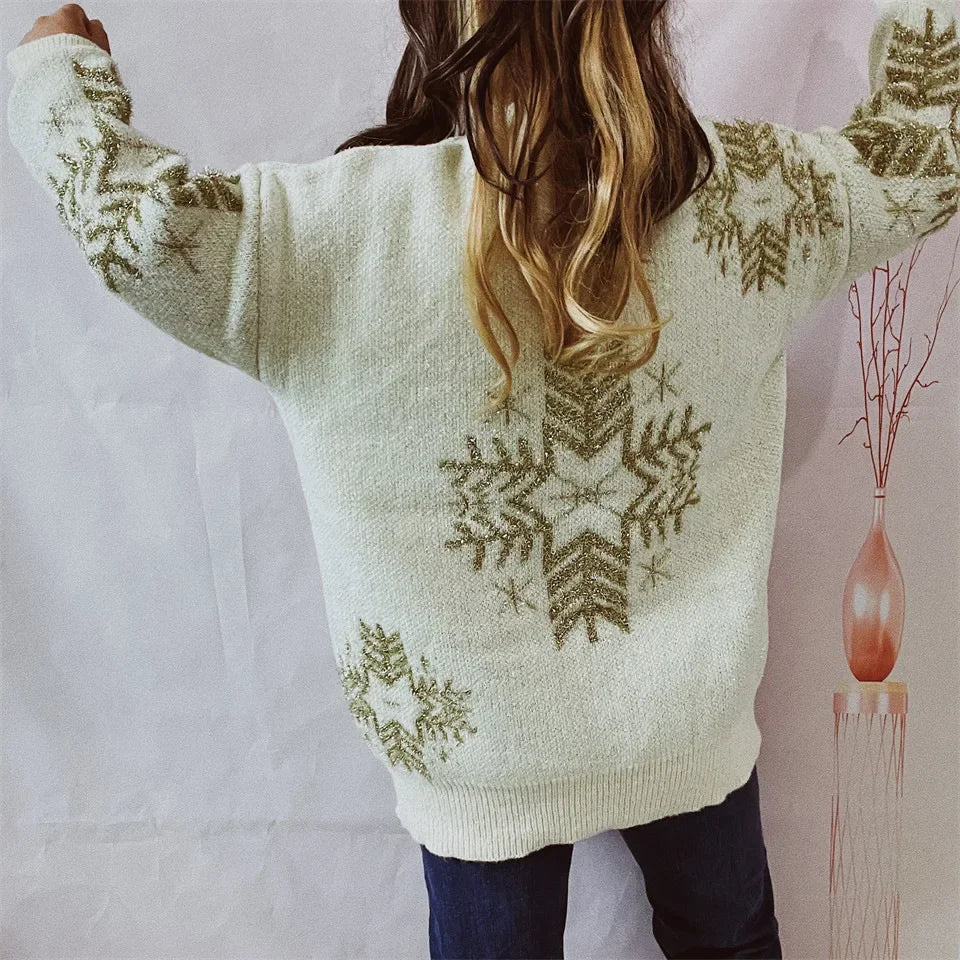 Loose-fit Line Big Snowflake Christmas Sweater Women's Pullover Thickened Crew Neck Sweater
