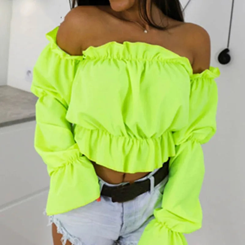 Candy Color Off Shoulder Crop Tops women Summer lantern sleeve blouse