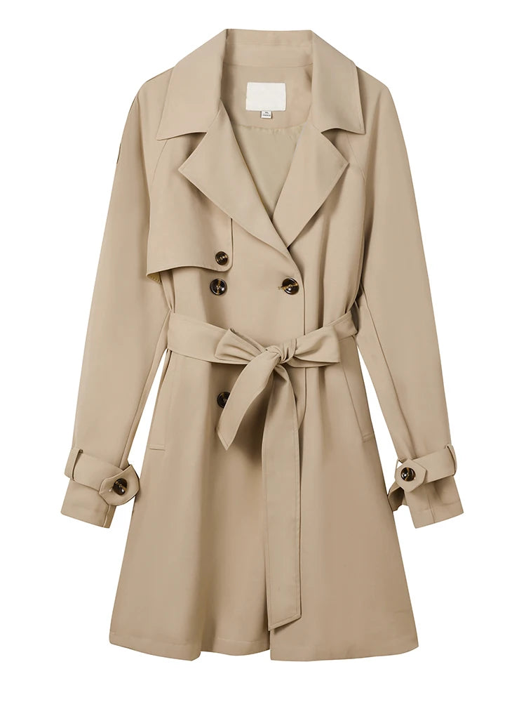 Women Khaki Pleated Elegant Trench New Lapel Long Sleeve Windbreaker Trench Coat