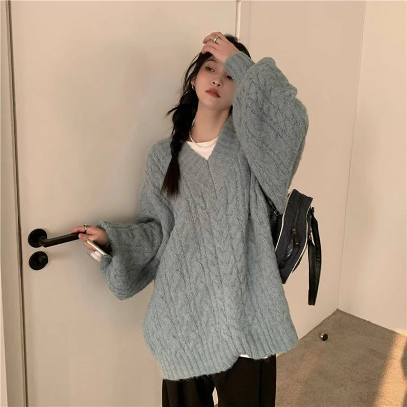 Harajuku Women Sweater Cute Oversized Knitted Pullover V Neck Sweater