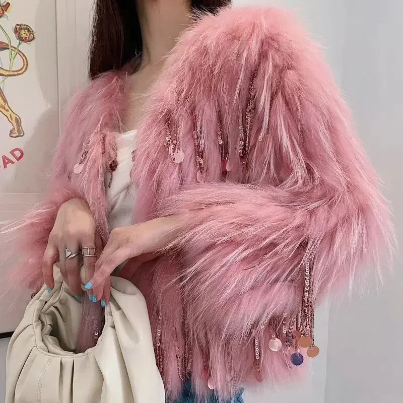 Faux Fur Grass Sequined Tassels Coat Women's Short Beaded Fringed Bomber Jacket