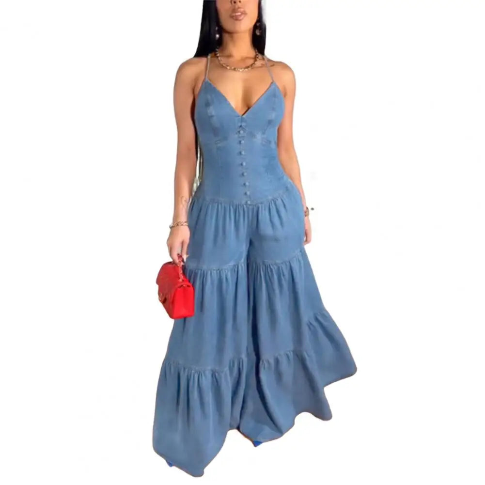 Stylish Women's Sleeveless Jumpsuits Casual Flowy Overalls Sexy Halter Rompers for Summer
