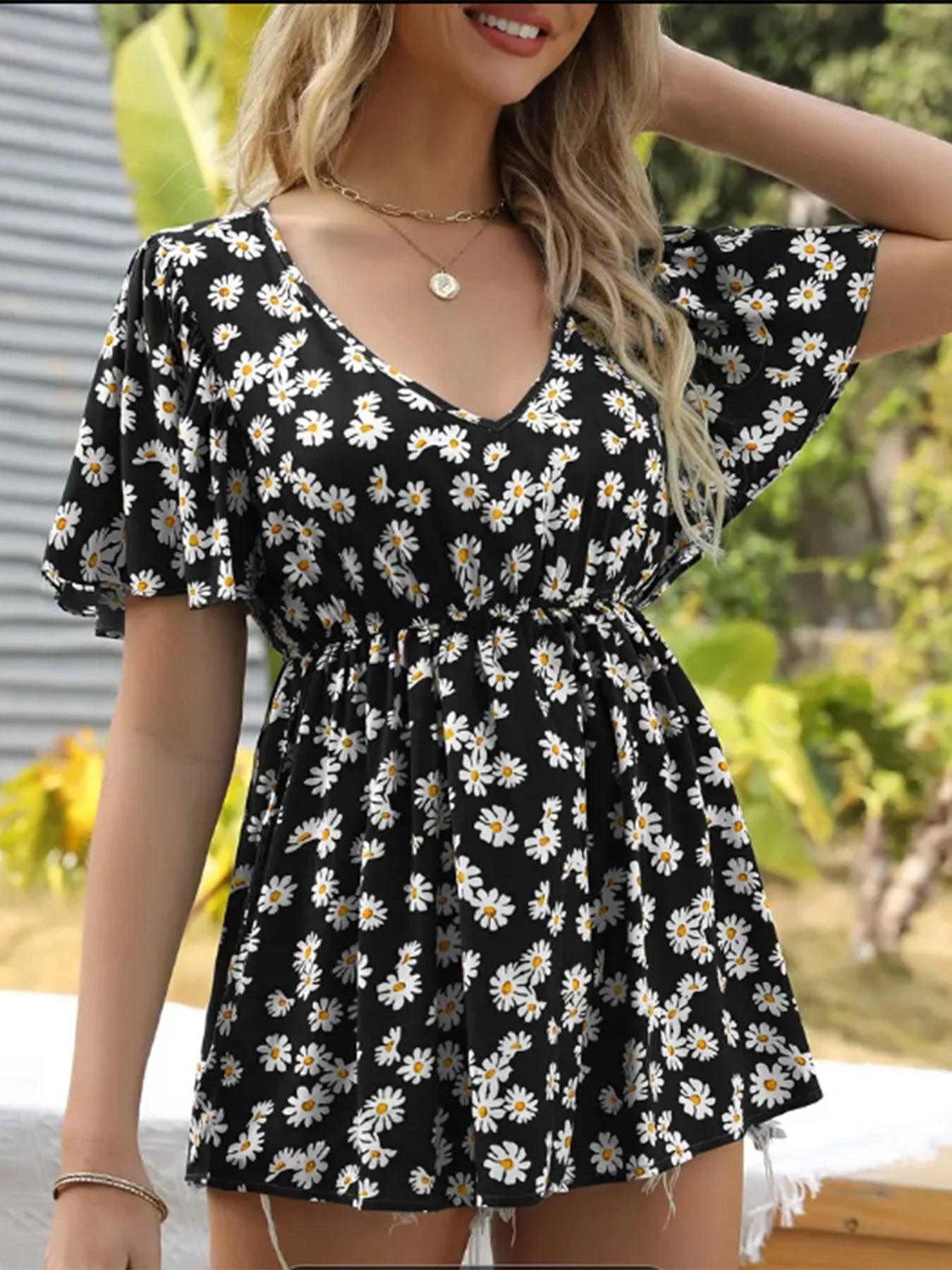 Plus size summer women's new floral V-neck waist-cinching top