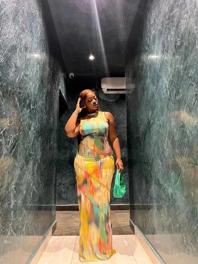 Colorful Print Dress Women Sleeveless Patchwork Skinny Bodycon Dress