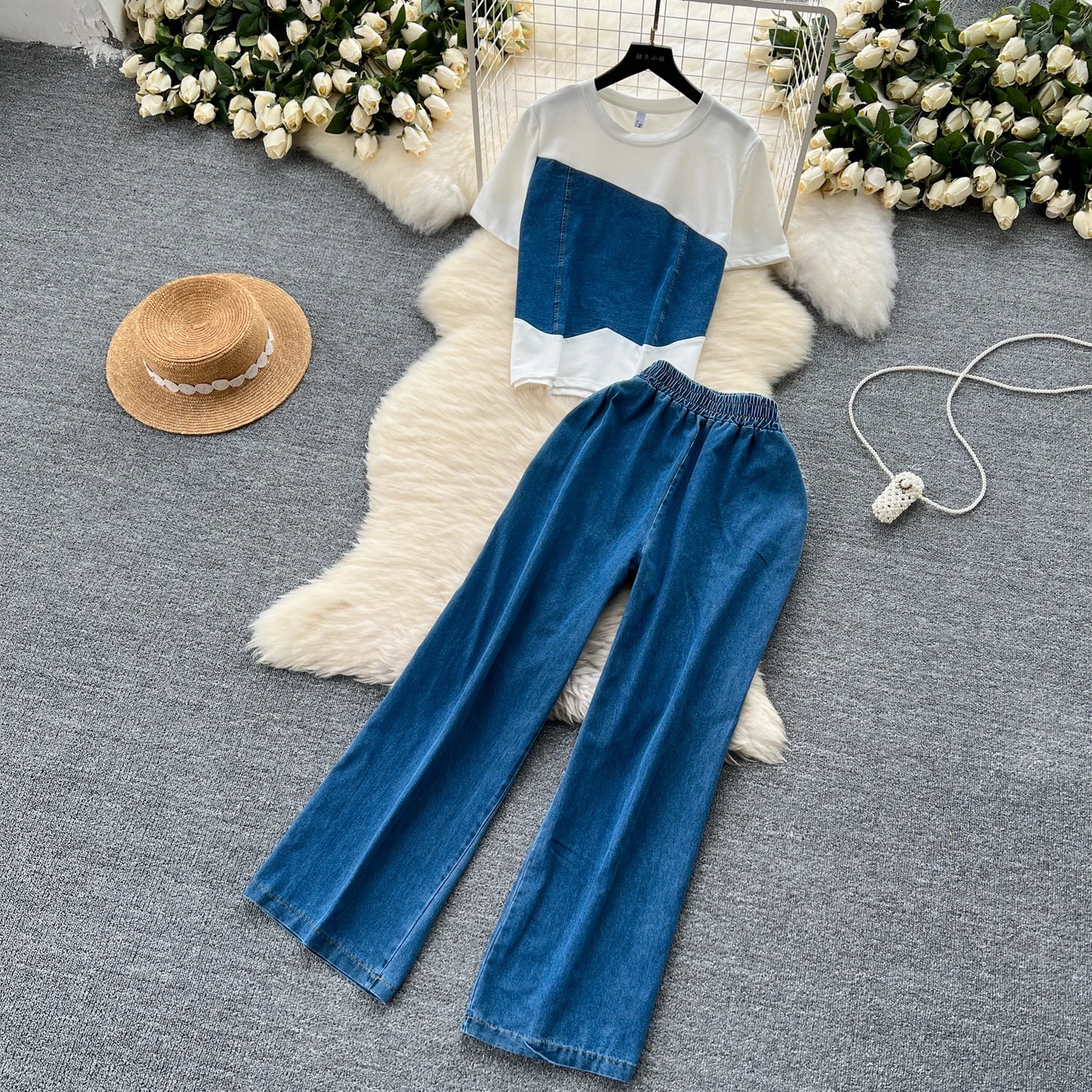 Women Denim pant sets Design Matching Color Short-sleeved T-shirt Tops + High-waisted Casual Pants