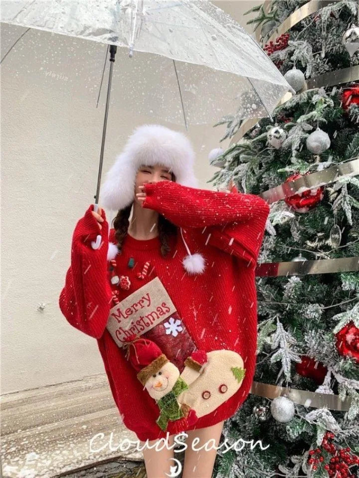 Christmas Sweater Loose New Lazy Thick Sweater Three-dimensional Cartoon Red Sweater
