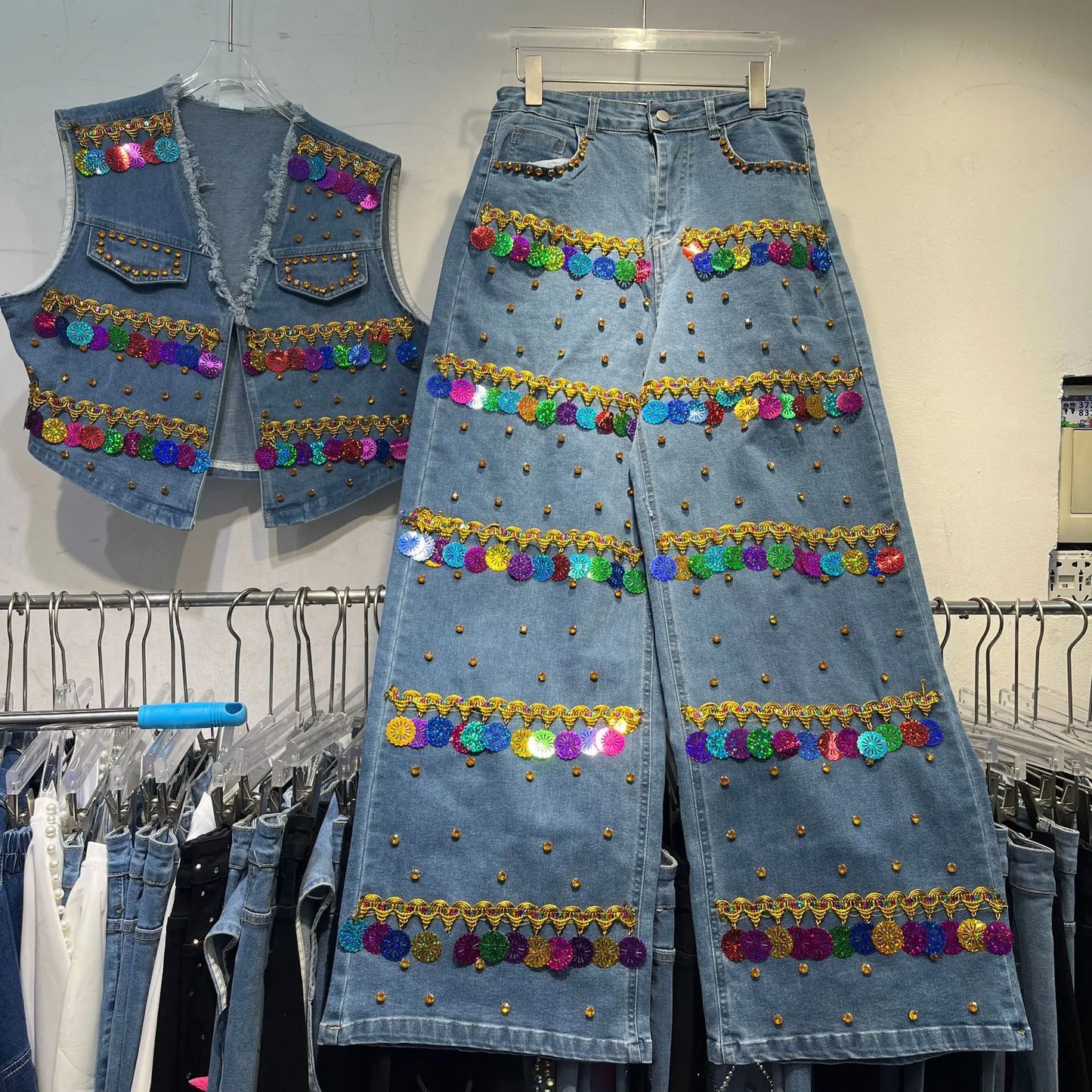 Sequined Denim Rhinestones Jeans Sleeveless Cowboy Vest + Jeans Pants