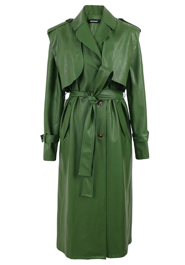 Long Green Pu Leather Trench Coat for Women with Back Slit Sashes Single Breasted