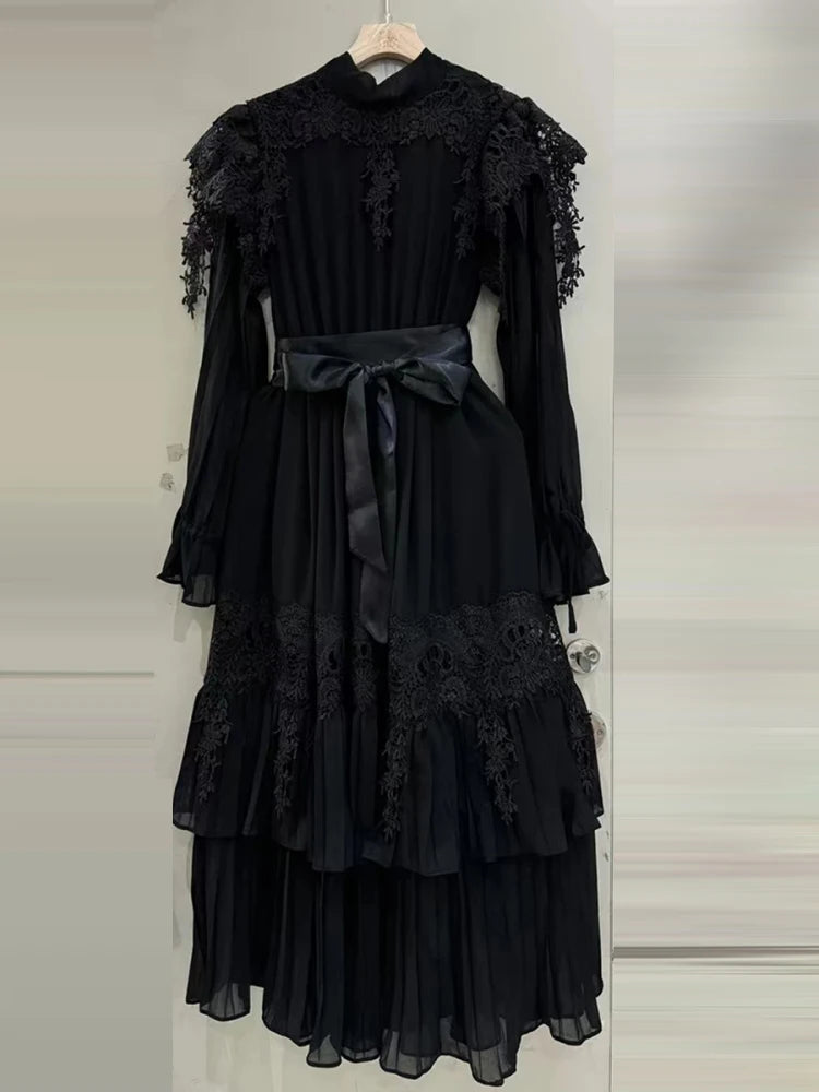 Sexy Long Sleeves Lace Patchwork Maxi Dress Women Red O Neck Folds A-line Cocktail Gown