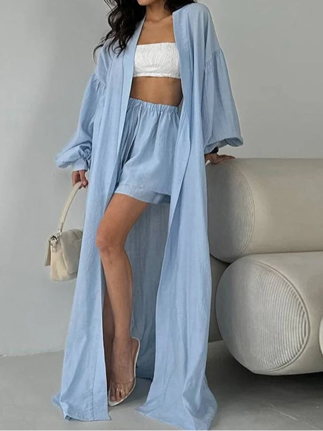 Loose Long Cardigan Lace Up Shorts Sets Women Crop Solid Balloon Sleeve Shirts Elastic Wide Leg Short Pants