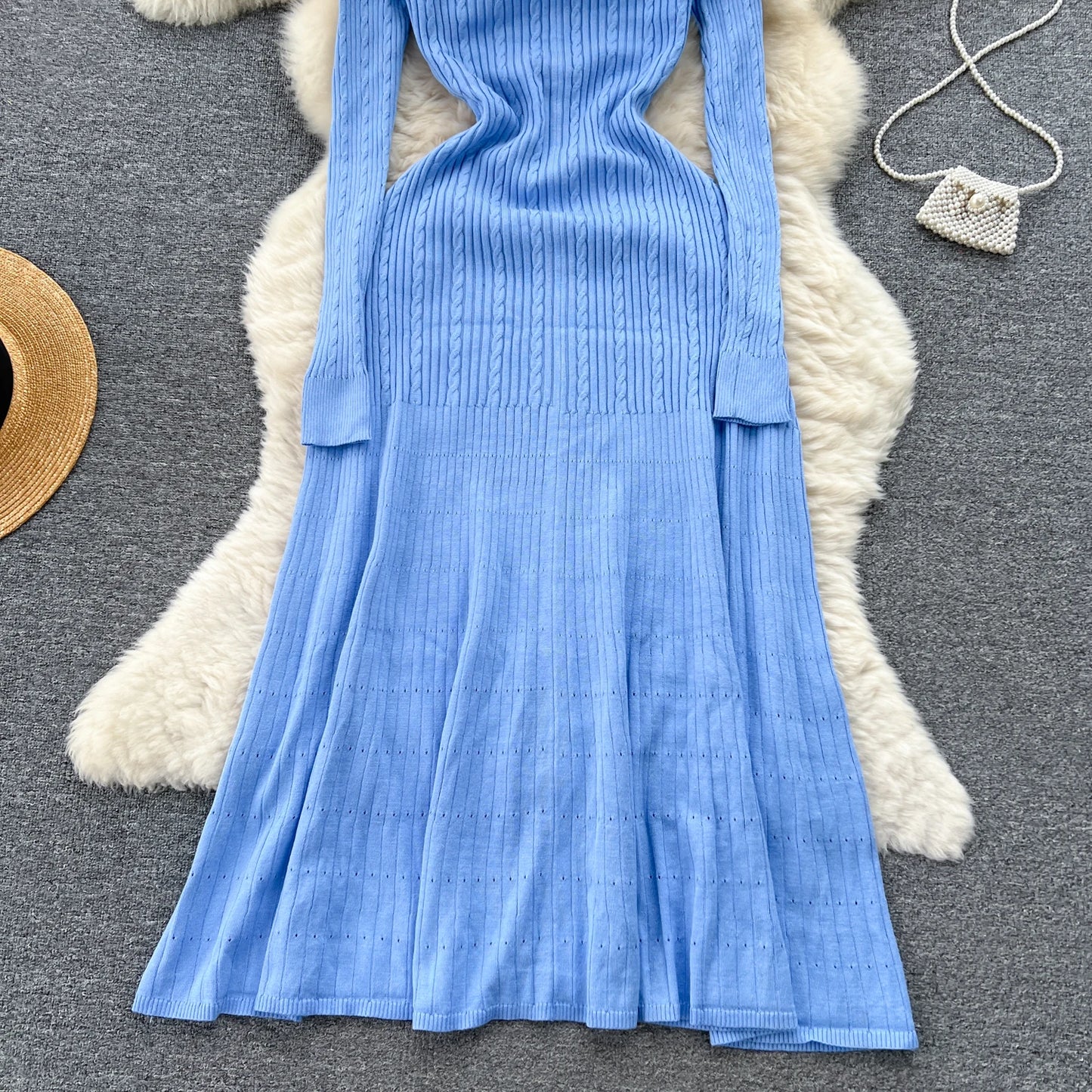 Women Polo Dress Single Breasted Pocket Design Bodycon Knitted Dress Sweater Midi Dress