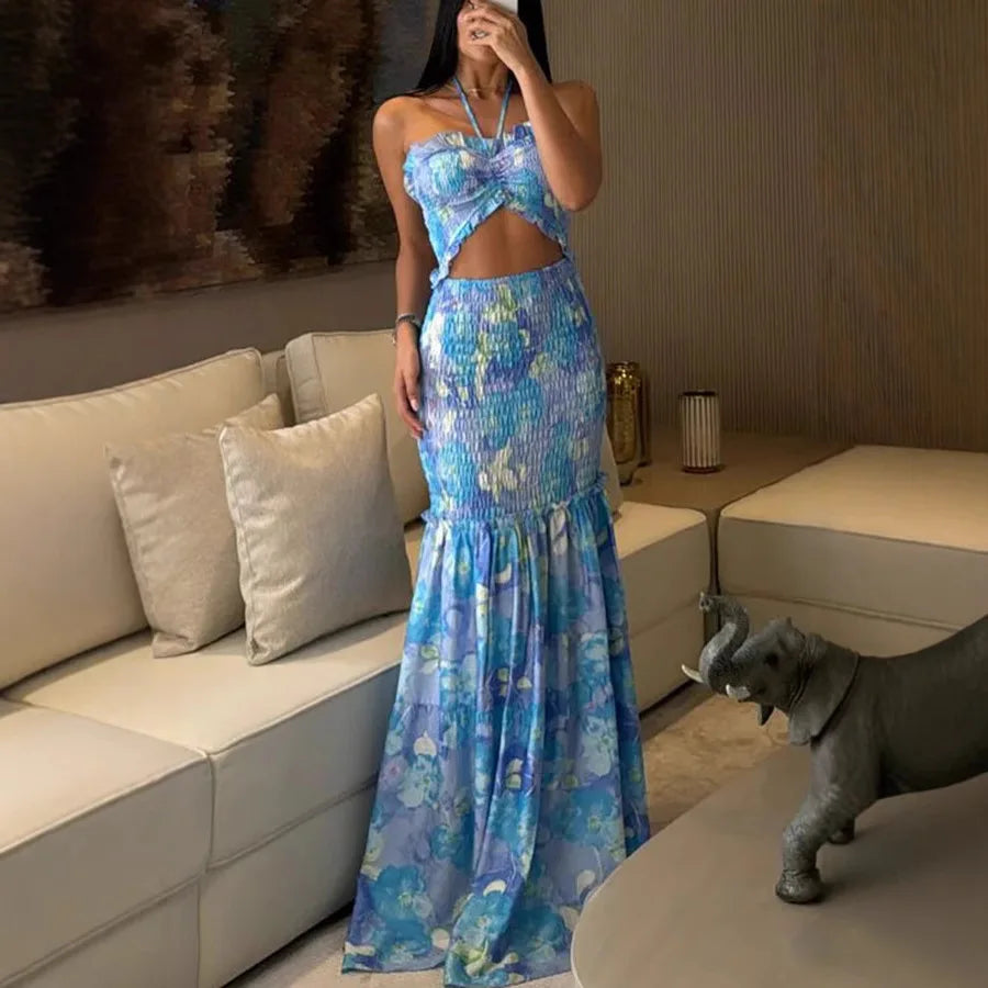 High Waist Hollow Dress Women Lace-Off Printed Sling Long Floor Maxi Dress