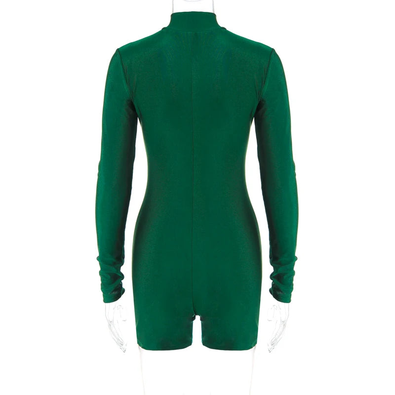 Solid Turtleneck Playsuit Romper Long Sleeve Zip Up Sexy Slim Skinny One Piece Playsuit Party Romper