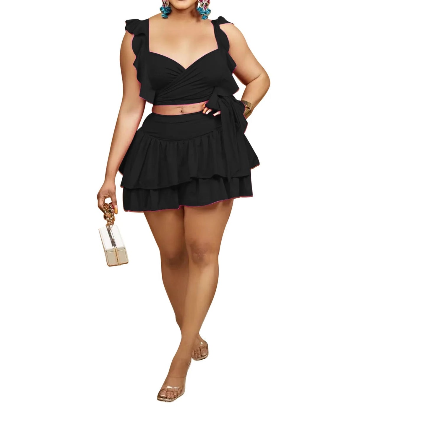 Sexy Crop Top and Skirt Sets Criss-Cross Wrap Chest Beach Style 2 Piece Set Ruffles Mini Skirt Set