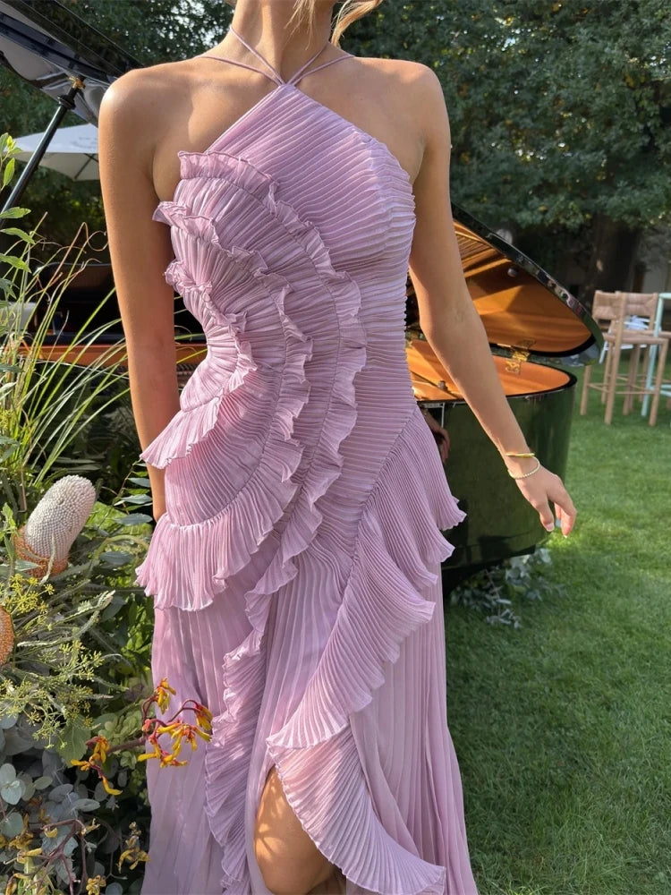 Sexy Halter Neck Pleated Ruffled Long Dress Women Bridesmaids Maxi Dress