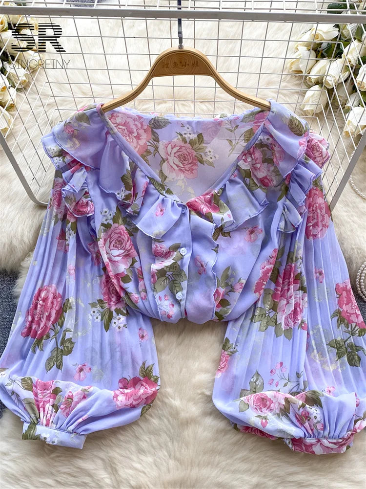 Floral Print Loose Shirt Women Lantern Sleeve V Neck Thin Causal Ruffle Blouse