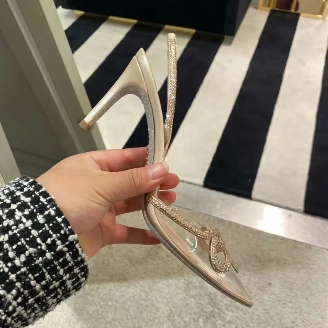 Clear Rhinestone High Heels Women's Thin Heels Pointed Sandals Transparent Buckle Shoes