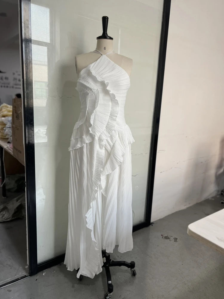 Sexy Halter Neck Pleated Ruffled Long Dress Women Bridesmaids Maxi Dress