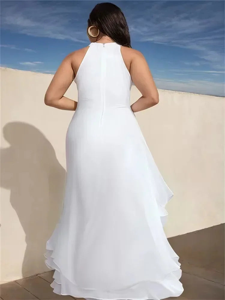 Wedding Bridesmaid White Dress Sleeveless Layered Ruffled Solid Dress