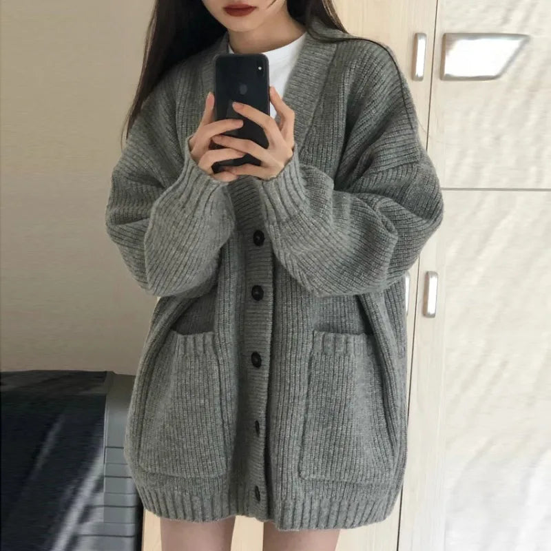 Women Cardigan Long Sleeve V-neck Loose Knitted Sweater Cardigan