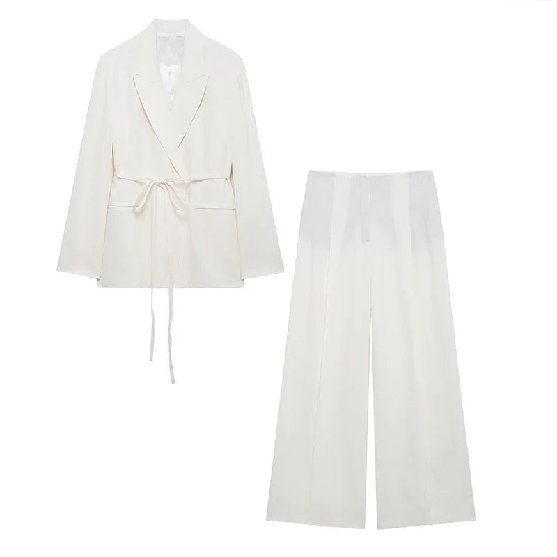 Elegant Blazer Pants Sets Women V-neck Lace up Jacket Full Sleeve Wide Leg Trousers Suit