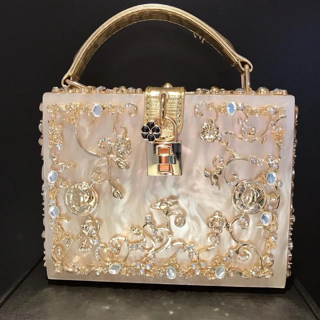 High-Grade Crystal Evening Bag Female New Hollow Out Metal Carved Flower Diamond Handbag