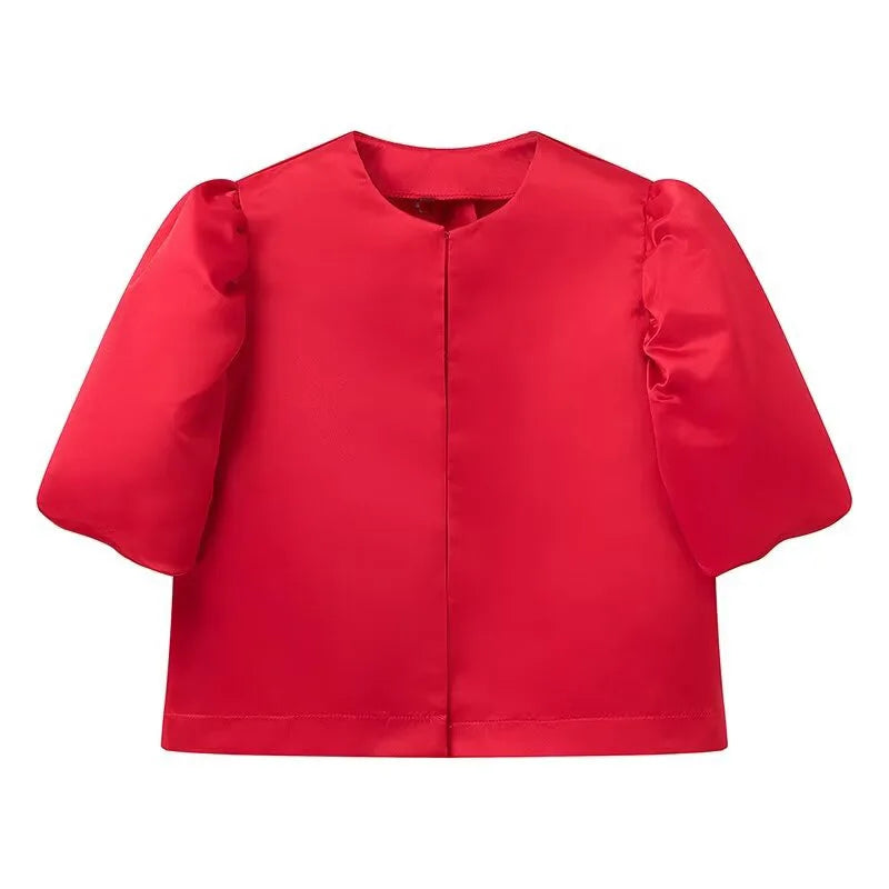 Solid Satin Women's Blouse Top With Pouf Balloon Sleeve O Neck Loose Blouses