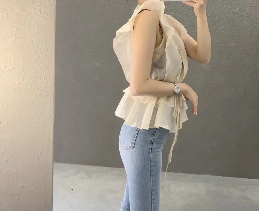 Lace Up Top Ruffled V-neck Sleeveless Shirts Blouse for Women