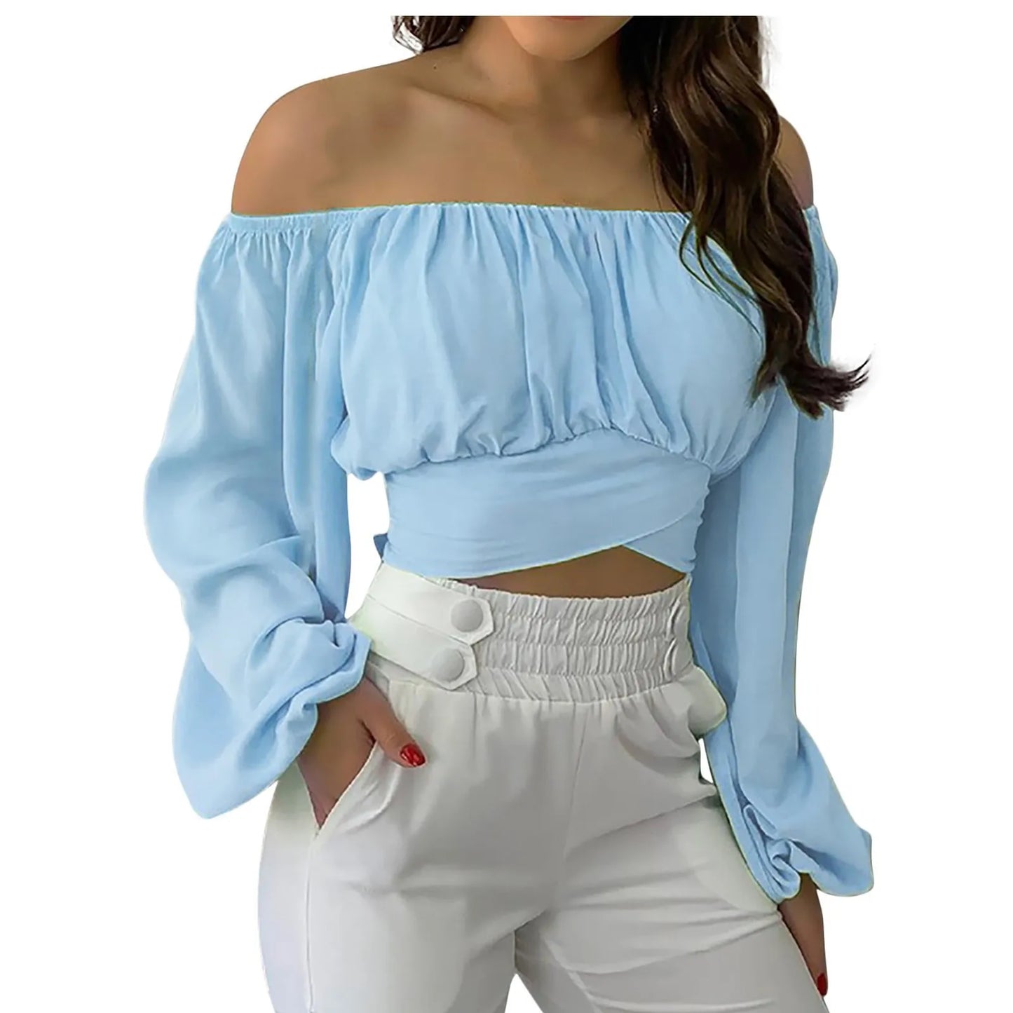 Women Sexy Off Shoulder Print Blouses Chic and Elegant Lantern Long Sleeve Cropped Top