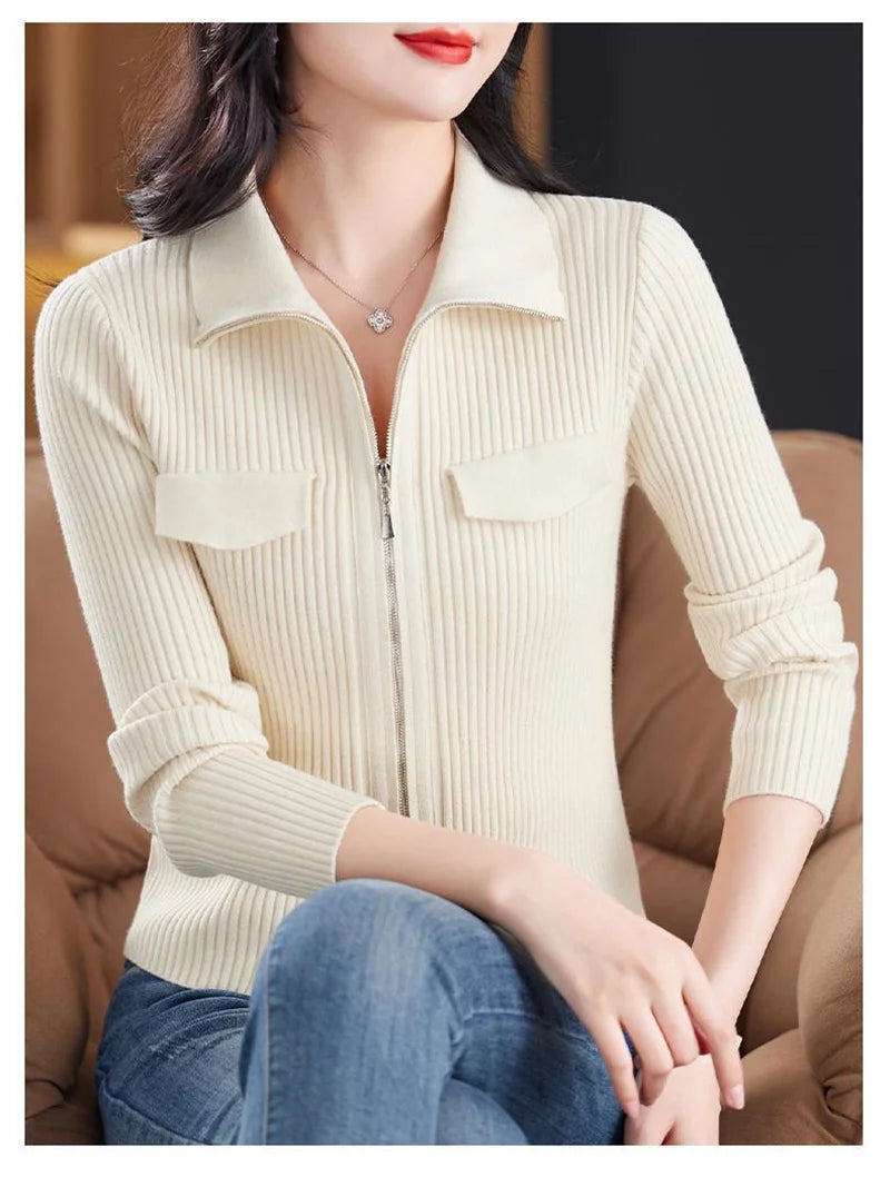 Women Knitted Sweater Cardigan Short Jacket Turn-Down Collar Knit Top