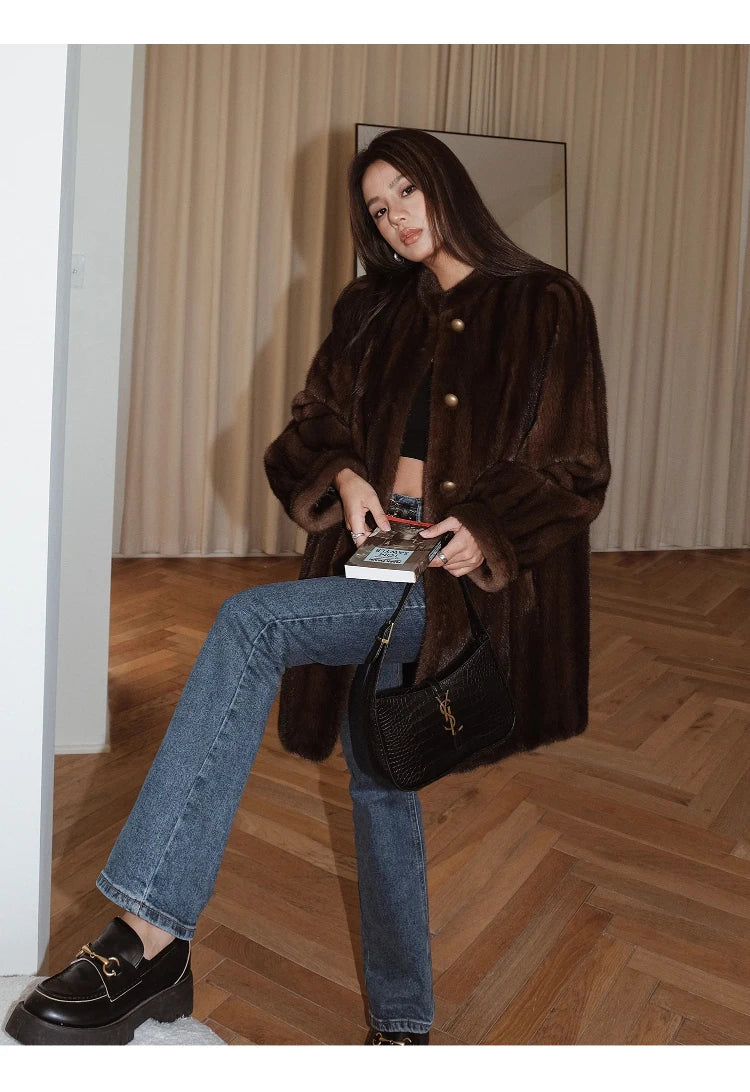 Brown Thick Warm Soft Faux Mink Fur Coat Women Puff Sleeve Stand Collar Fluffy Jacket