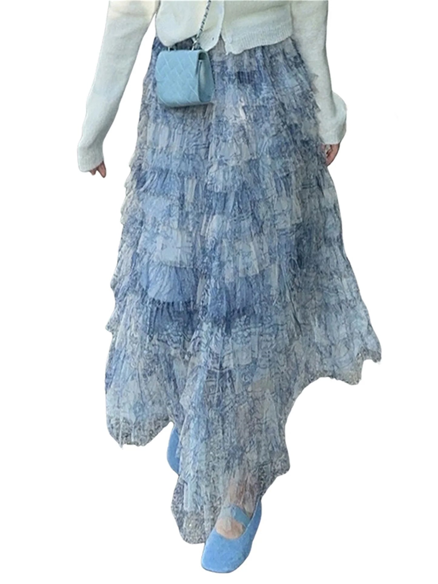 Elegant Floral Lace Maxi Skirt with High Waistband and Flowy Layers Skirt
