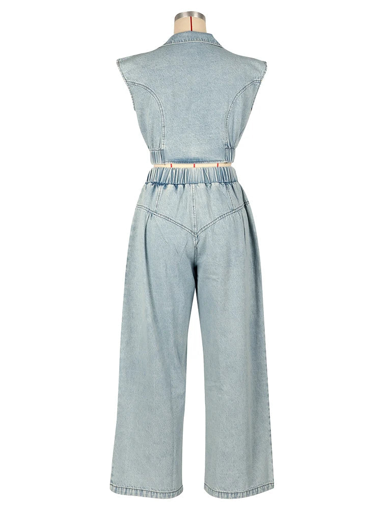Elegant Denim Women Sleeveless Zipper Crop Top and Wide Leg Pants Two Piece Set