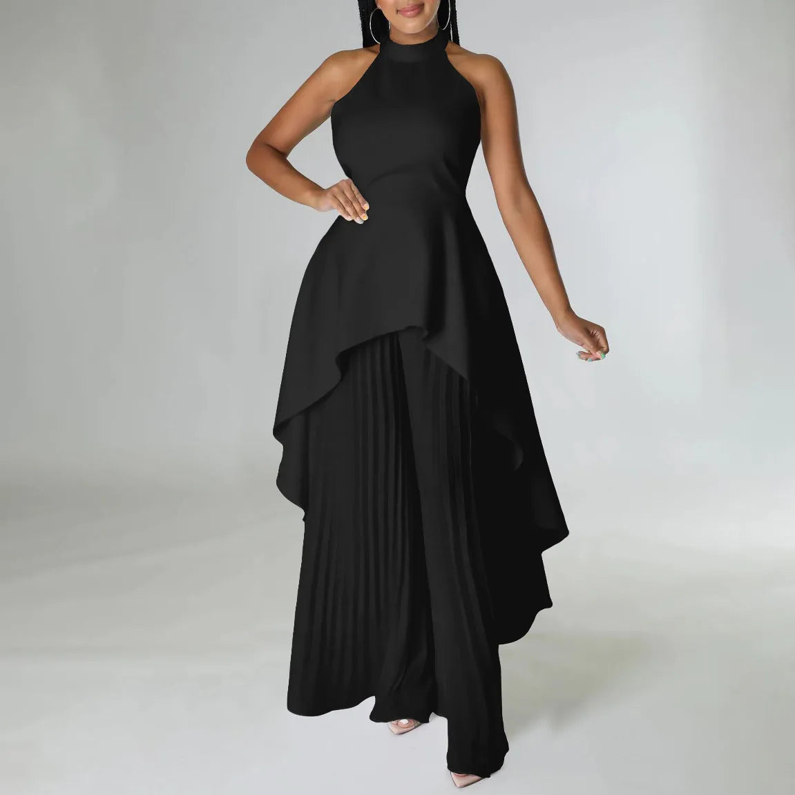 Elegant Two Piece Set Women Outfit Backless Top Hundred Pleated Wide Leg Pants Trousers Suit Summer Office Lady Suit
