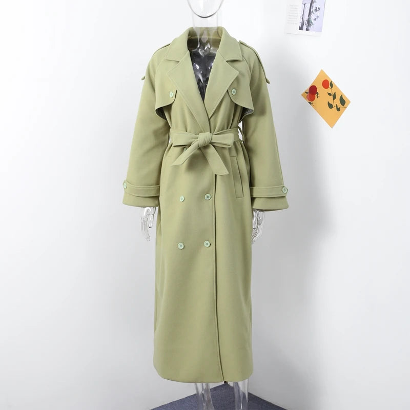 Urban Solid Double Breasted Long Women Coat Loose Full Sleeve Belt Double Breasted Jacket