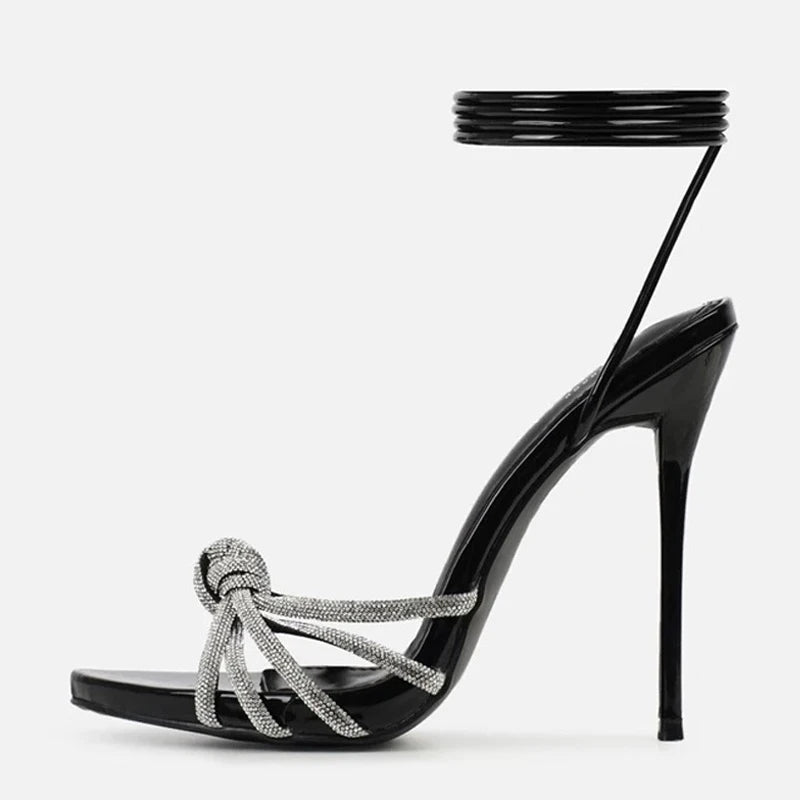 Silver Crystal Narrow Band Women's Heel Sandals Summer Party Wedding Prom Shoes Platform Open Toe High Heels