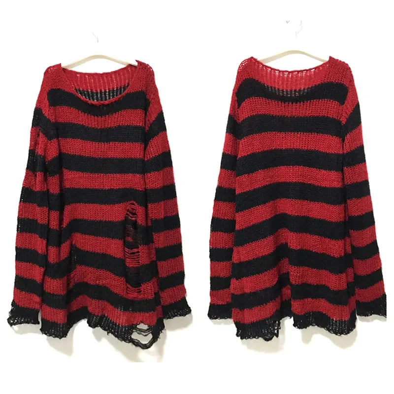 Punk Gothic Long Sweater Women Striped Broken Jumper