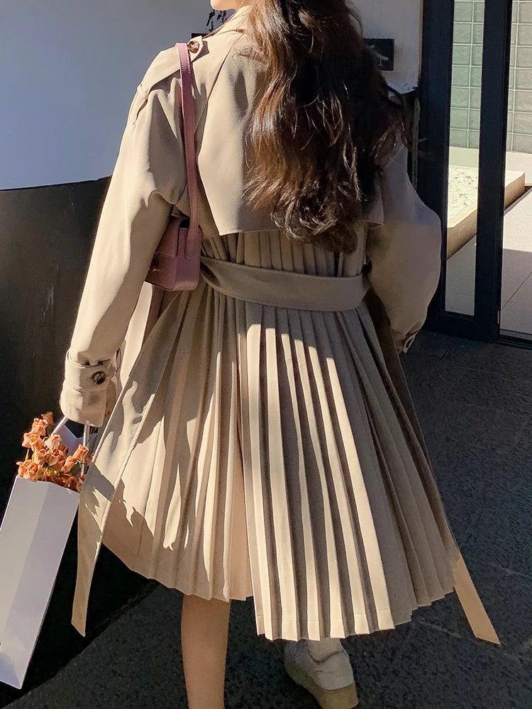 Women Khaki Pleated Elegant Trench New Lapel Long Sleeve Windbreaker Trench Coat