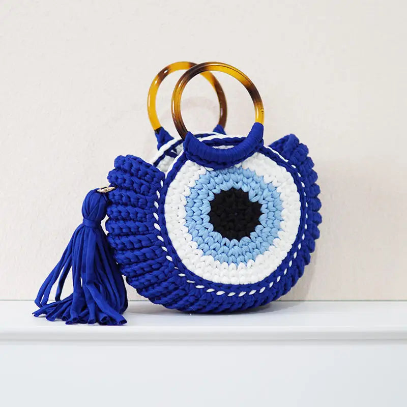 Rope Crochet Handbags Tassel Tote Round Handle Clutch Yarn Beach Bags for Women