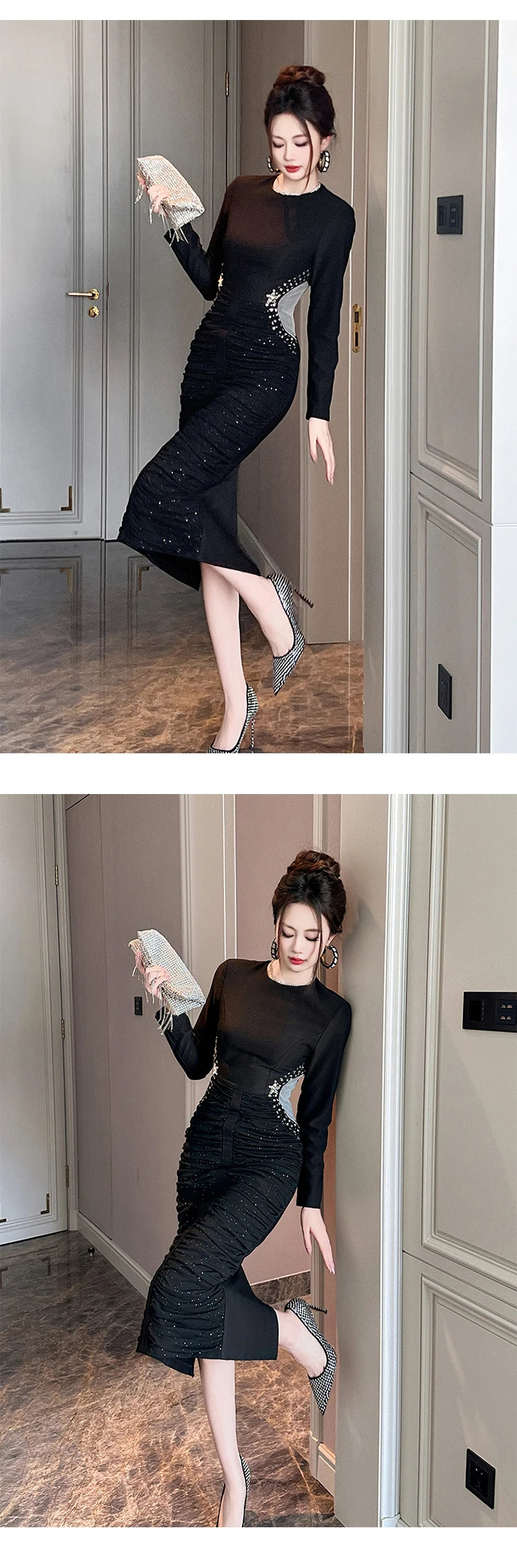 French Elegant Formal Shiny Rhinestone Folds Bodycon Midi Dress